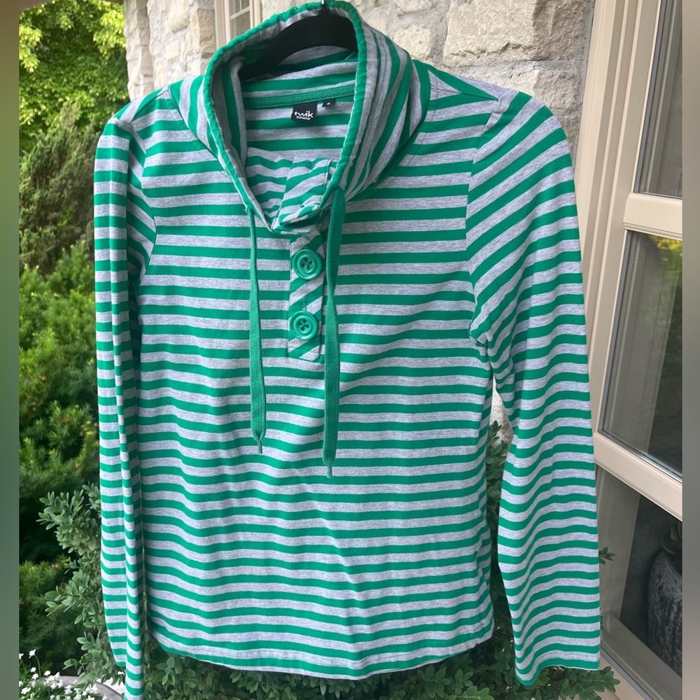 TWIK Green & Grey Striped Button-up Funnel Neck Top M Like New